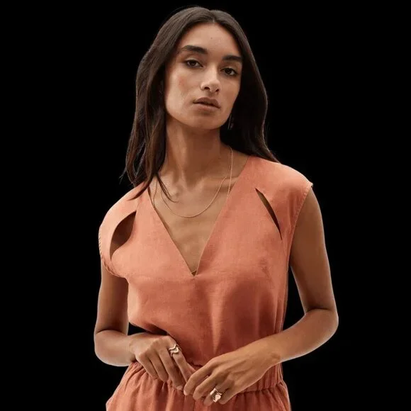 Lanhtropy Womens Top Size Small Brown Pearl Cut Outs V Neck Pure Linen New